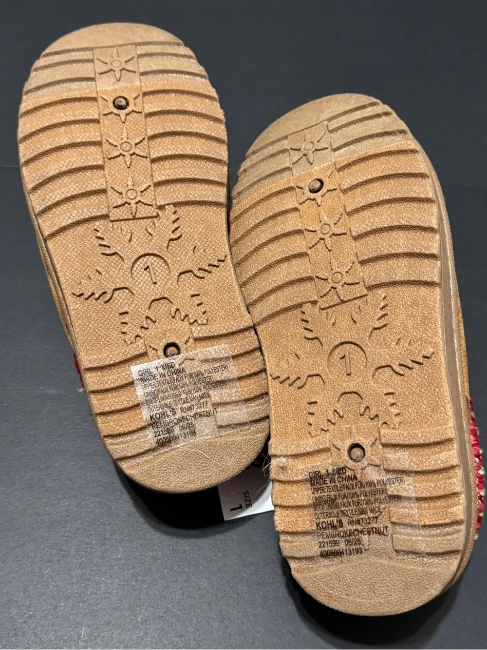 Kohl's Kids Faux-Suede Pembroke Slip-On Slippers in Chestnut with Red Trim